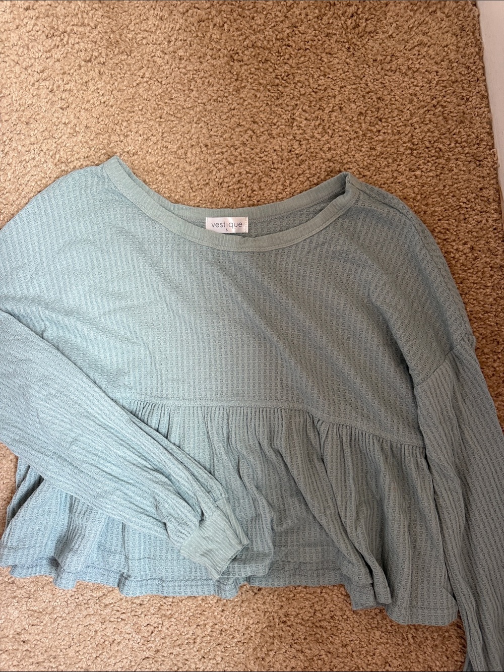vestique Light Blue Waffle Knit Peplum Long Sleeve Top